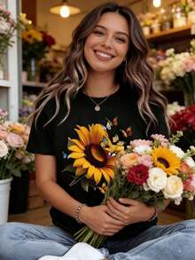 Solt - Camiseta de Cuello Redondo para Mujer con Estampado de Girasoles y Mariposas, Manga Corta, Estilo Casual de Verano para Uso Diario, Diseño con Personalidad - Negro - Ver 3