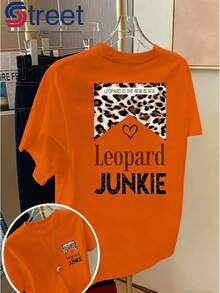 Women's Vintage Double-Sided Print T-Shirt, Casual Summer Style With Round Neck And Short Sleeves, Fashionable Printed T-Shirt, With Leopard Print "Leopard" With Hearts And Letters, Loose And Slimming Cut, Sweet And Fresh Outfit For Fashionable Girls. - 杏色 - 查看 11