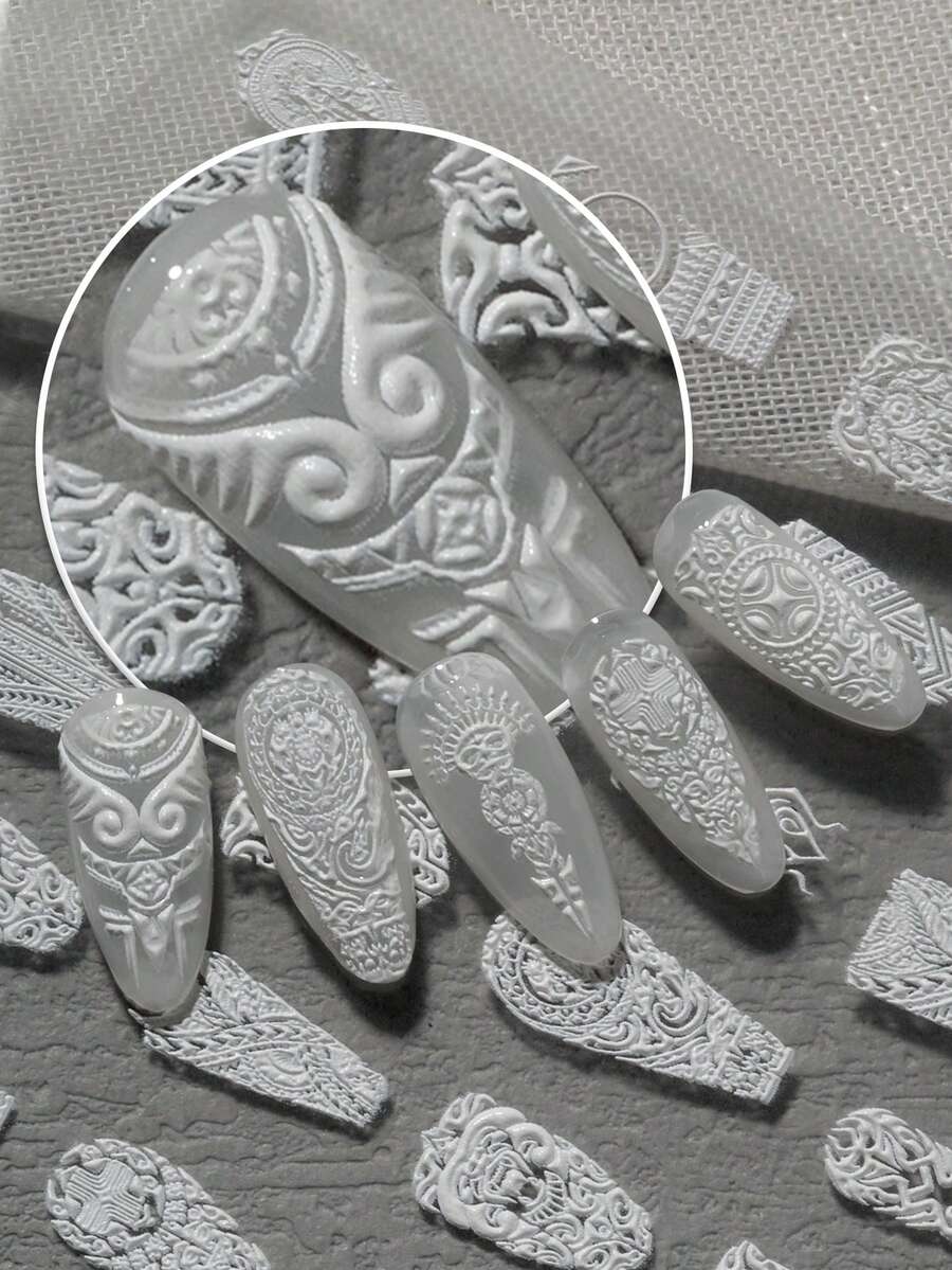 6D立体浮雕美甲贴纸，图腾图案，神秘气息，适合街头风、个性化造型、暗黑系美甲、亚文化场景、女生、学生、美甲DIY新手、亚文化女孩 - 白色 - 查看 1