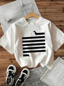Playera de mujer de algodón 100% con estampado creativo de perro salchicha y rayas modernas, estilo casual, cuello redondo, manga corta, cómoda, ideal para verano y uso diario100% Cotton - Blanco - Ver 1