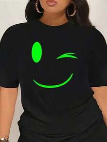 Easter Offer: Women's Neon Green Glow-In-The-Dark T-Shirt With Happy Face Print - Short Sleeve, Crew Neck, Casual Top With Luminous Print, Black And Lime Green, Machine Washable, For Parties And Everyday Wear In All Seasons. Beautiful Blouses, 100% Cotton - 黑色 - 查看 6