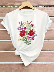 Camiseta de Manga Corta para Mujer con Estampado Floral al Estilo Mexicano - Patrón Vibrante de Plantas, Cuello Redondo Suave, Adecuada para Primavera, Verano y Otoño, Lavable a Máquina, Tallas S-XXL, Varios Colores Disponibles, Ajuste Cómodo Blusas Bonito 100% Cotton - [Blanco] - Ver 7