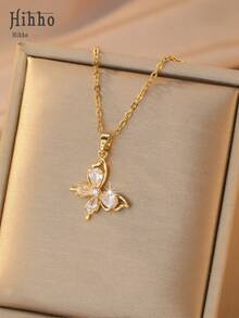 Hihho 1pc High-Quality Cubic Zirconia Butterfly Necklace, Delicate Collarbone Chain Suitable For Commuting, Dating, Gatherings, Matching Sweaters, Shirts, Dresses - Butterfly - View 8