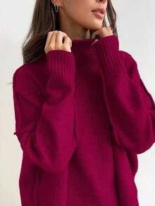 2 piezas Conjunto de suéter de manga larga de hombro caído con cuello alto sólido y pantalones anchos de punto para mujer, otoño/invierno - Rojo - Ver 3