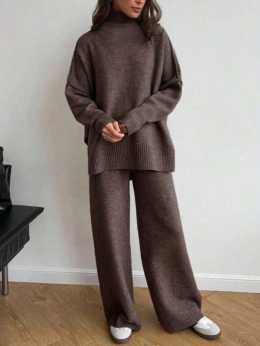 2 piezas Conjunto de suéter de manga larga de hombro caído con cuello alto sólido y pantalones anchos de punto para mujer, otoño/invierno - Café integral - Ver 1