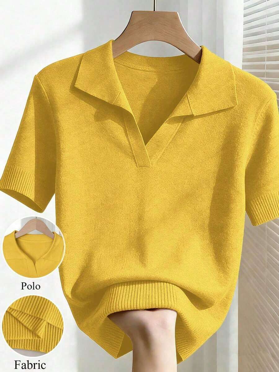 New 2026 Collection: Women's Solid Color Fitted Knit Blouse, Spring/Summer, White, Simple, Casual, With Roll Neck And Raglan Short Sleeves. Solid Color Blouses, Pink Blouses, Baby Pink Blouses. - 芥末黃 - 查看 1