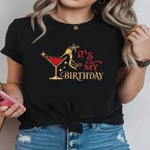 Women's Sexy Casual Cotton Round Neck Short Sleeve It's My Birthday Graphic Tee - Negro - Ver 1