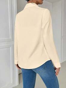 Blusa blanca casual con cuello y bolsillo, de manga larga ajustada para mujeres - Albaricoque - Ver 2