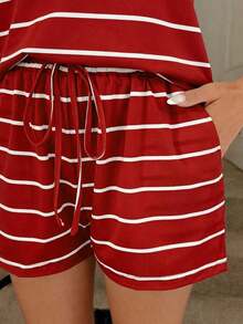 Conjunto de top y pantalones cortos a rayas deportivos y casuales de primavera/verano para mujer, moda y comodidad con elasticidad - Rojo - Ver 6