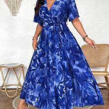 Holidaya Overlap Strap V-Neck Short Sleeve Oblique Split Loose Elegant Plus Size Women's Vacation Dress - Multicolor - Ver 5