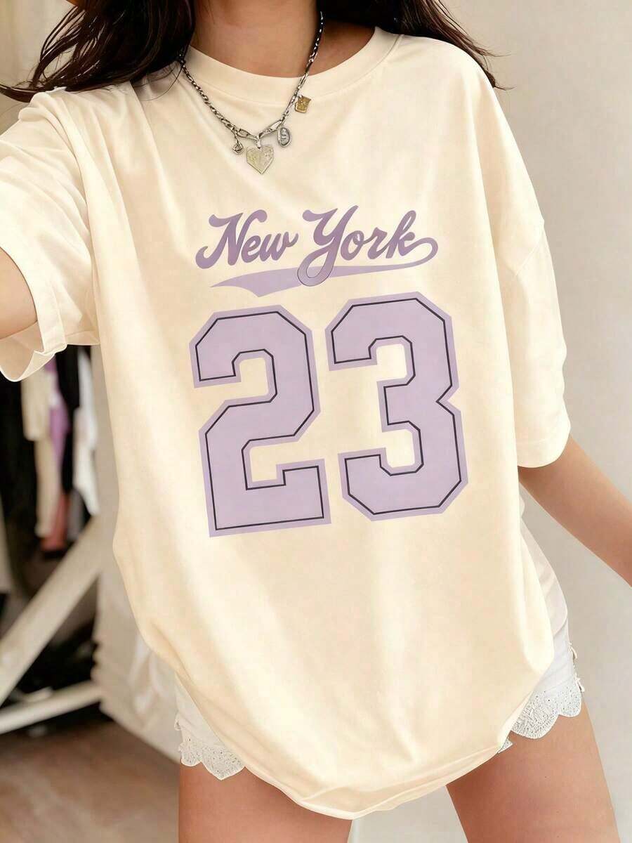 1 pieza de camiseta para mujer, camiseta casual de manga corta y cuello redondo, de algodón suave lavado con estampado, para uso diario en verano, 180g, 100% algodón lavado (tallas S-3XL). - Albaricoque - Ver 1