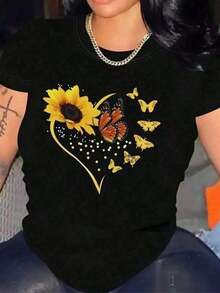 Camiseta de mujer1 Camisa Casual de Mujer con Estampado de Girasol y Mariposa, Negra - Cuello Redondo, Manga Corta para Primavera y Verano, Lavable a Máquina, Atuendo Cómodo para Vacaciones. 1 Camisa Sexy, Casual, Dulce, Elegante para Fiesta, Playa, Noche, Vacaciones, Boda, Verano, con Estampado de Corazones, 180g, 100% Algodón, Todos los Estampados Están Impresos. Unisexo. Cómoda y ligera - Negro - Ver 12