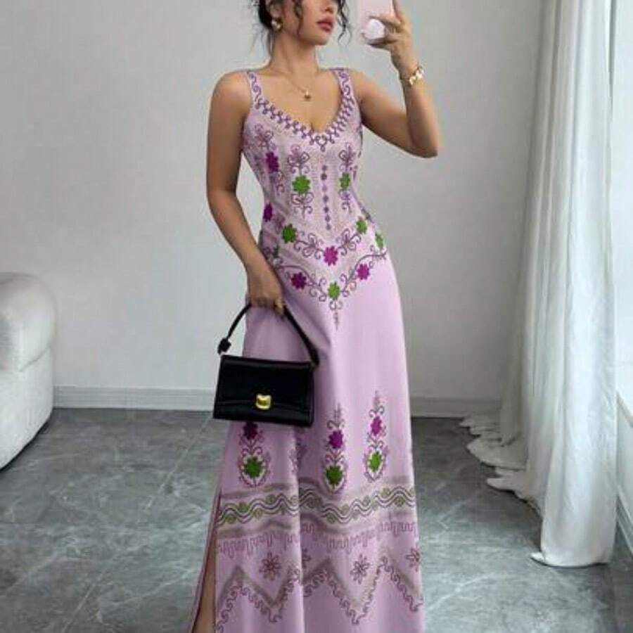 Raffinéa Women's V-Neck Spaghetti Strap Floral Linen-Feel Tie-Waist A-Line Print Dress, Spring/Summer - Morado - Ver 1