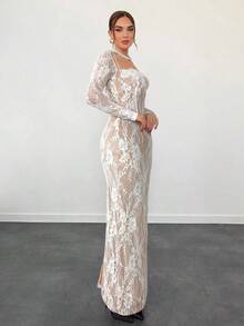 Vestido negro ajustado hasta el suelo con cuello corsé ahuecado y mangas largas con encaje en forma de S sexy para mujer para fiestas, citas y banquetes de otoño/invierno nuevo - Blanco - Ver 3