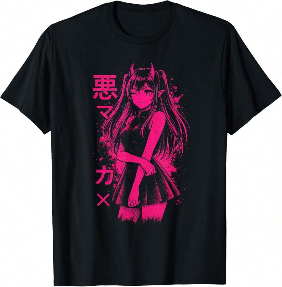 Camiseta unisex, camiseta con personajes de manga de chicas góticas rosas con estética de terror anime Waifu, ropa de mujer, blusas para mujer, tops para mujer, camisetas de mujer, atuendo casual diario, corte regular, combinación diaria, estampado gráfico, estilo deportivo casual. - Negro - Ver 1