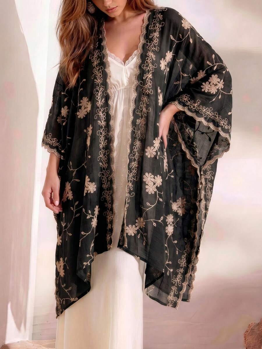 一件波西米亚风优雅花卉刺绣和服/纱笼,女士春夏沙滩罩衫、披肩,时尚百搭,是理想的度假礼物。 - 黑色 - 查看 1