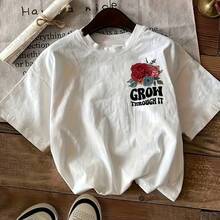 Women's 100% Cotton T-Shirts 2026 Rose Print T-Shirt, Korean Style Women's Casual Comfortable Round Neck Short Sleeve Top - White - View 6