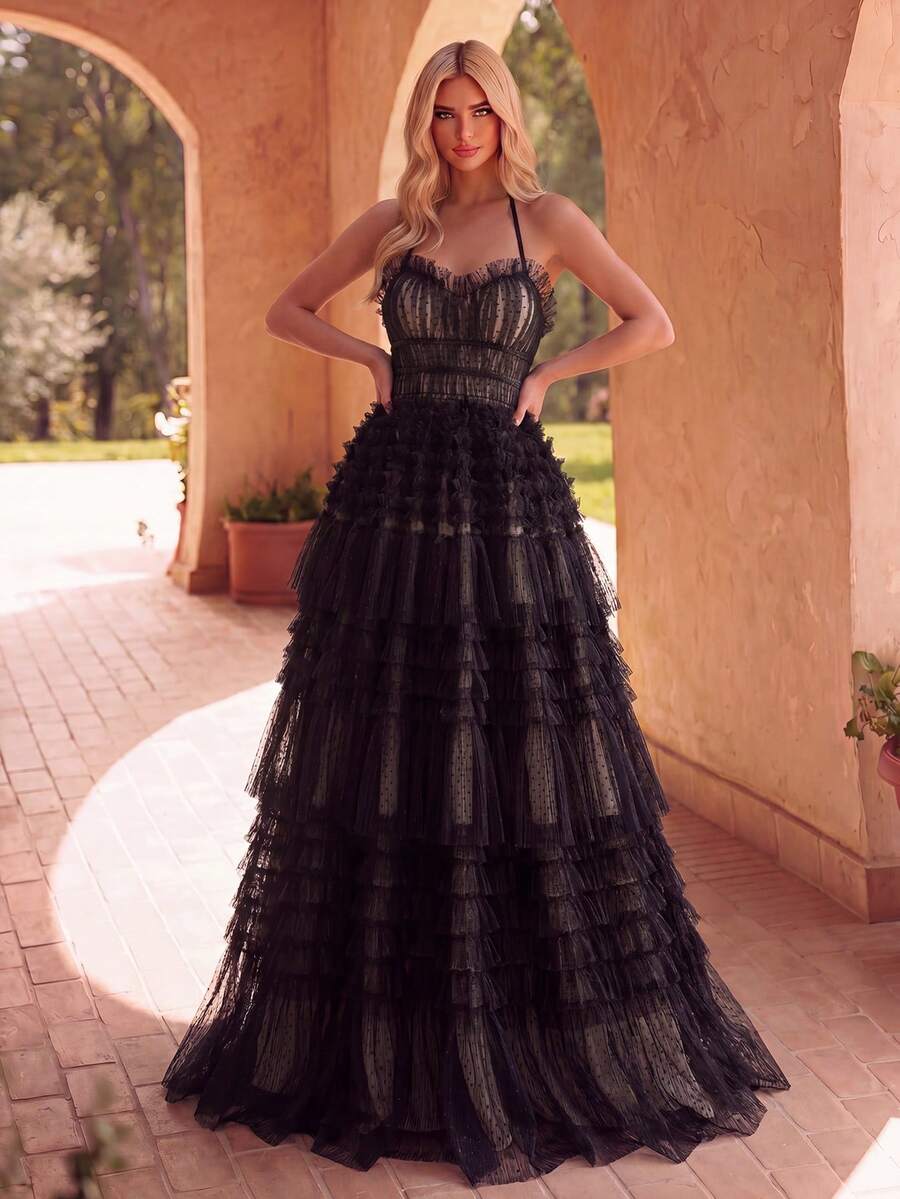 Elegante vestido de novia con tirantes de espagueti, diseño sin espalda, vestido de tul con volantes multicapa - Un vestido elegante y misterioso, ideal para bodas en la playa, recepciones en villas, banquetes de lujo y ceremonias íntimas de noche. Negro primavera - Negro - Ver 1