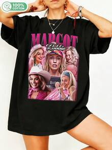 100% Cotton Margott Robbiee Retro Graphic T-Shirt, -Film Star Vintage 90s Bootleg Style T-Shirt, Casual Short Sleeve Crew Neck Top For Fans, Oversized Streetwear. - Black - View 6