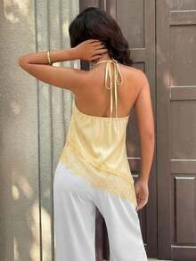 Camiseta de tirantes finos y sin mangas casual y sexy para mujer, camisola de satén con bajo asimétrico de malla, adecuada para citas nocturnas, vacaciones, despedidas de soltero y fiestas de cumpleaños en verano - amarillo ganso - Ver 2