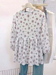 Blusa de mujer con cuello en V de gasa con estampado floral romántico, manga farol, corte holgado y silueta favorecedora, adecuada para uso casual, de calle y de oficina en vacaciones de verano - Celeste - Ver 2