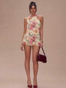 Vestido mini halter casual y sexy con estampado floral tie-dye marrón, estilo corto plisado adecuado para vacaciones y fiestas de primavera/verano - Multicolor 4 - Ver 4
