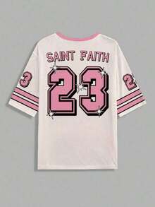 Camiseta de mujer con gráfico de letras y números, de estilo minimalista y casual, adecuada para el verano - Multicolor 2 - Ver 3