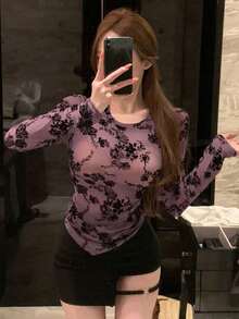 Camiseta de manga larga ajustada con diseño asimétrico para mujer, color negro, para verano - Morado - Ver 5