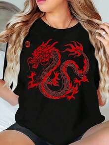 1 pieza Camiseta con estampado de dragón rojo para mujer, top casual de manga corta, diseño de criatura mítica china, ropa de moda, 220g180g Algodón 100%. - Negro - Ver 1