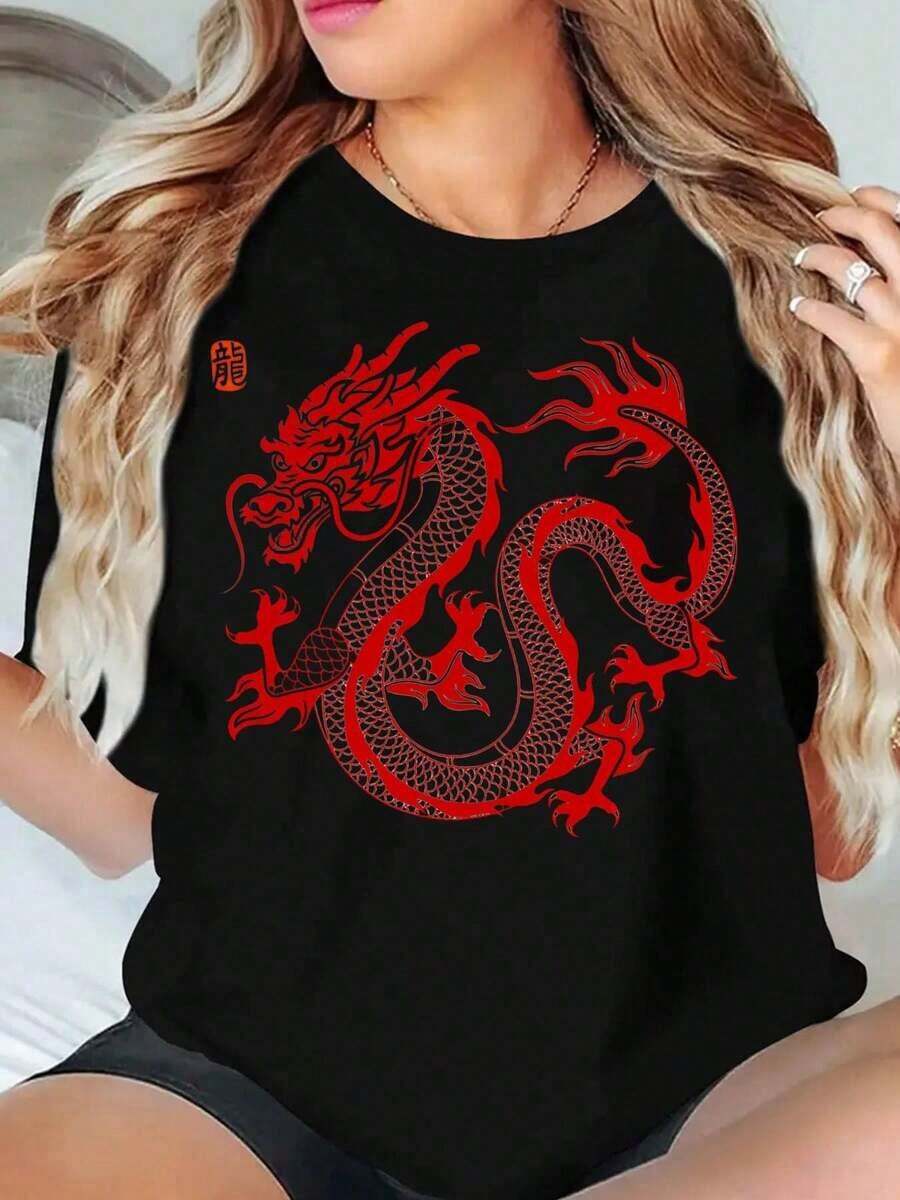 1 pieza Camiseta con estampado de dragón rojo para mujer, top casual de manga corta, diseño de criatura mítica china, ropa de moda, 220g180g Algodón 100%. - Negro - Ver 1