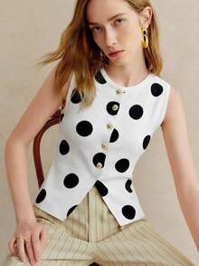 Blusa de punto sin mangas con botones delanteros de unicolor para uso casual y de oficina para mujeres - Blanco y Negro 2 - Ver 4