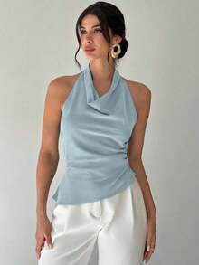 Camisa elegante de oficina para mujer, blusa asimétrica sin mangas con cuello halter y espalda descubierta, con botones decorativos ajustables, ajustada, negra, para oficina, ropa de primavera/verano, elegante, sexy - Celeste - Ver 3