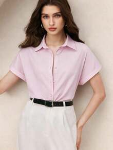 Nueva llegada Camisa casual de manga corta con botones delanteros de unicolor, adecuada para uso diario, primavera/verano - Rosa - Ver 4