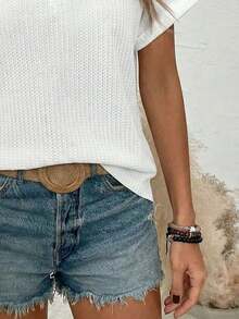 Camiseta suelta de mujer de manga de murciélago con escote en pico, de tela texturizada de unicolor, para verano y vacaciones - Blanco - Ver 3
