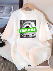 Gráfico con inspiración divertida que muestra un personaje de un solo ojo en tonos grises con la palabra verde FAMOUS simbolizando confianza humor y autenticidad camiseta de mujer  suave y cómoda para uso diario - Blanco - Ver 3