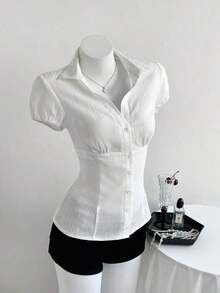 Camisa de mujer con cuello en V, cintura fruncida y manga corta, color blanco, para primavera/verano - Blanco - Ver 4