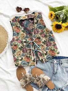 Chaleco vintage de mujer estampado sin mangas con correas, informal - Azul y blanco - Ver 1