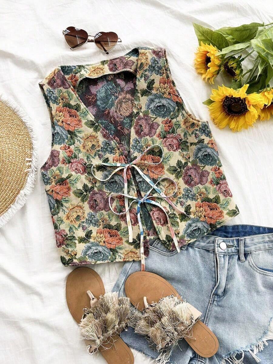 Chaleco vintage de mujer estampado sin mangas con correas, informal - Azul y blanco - Ver 1