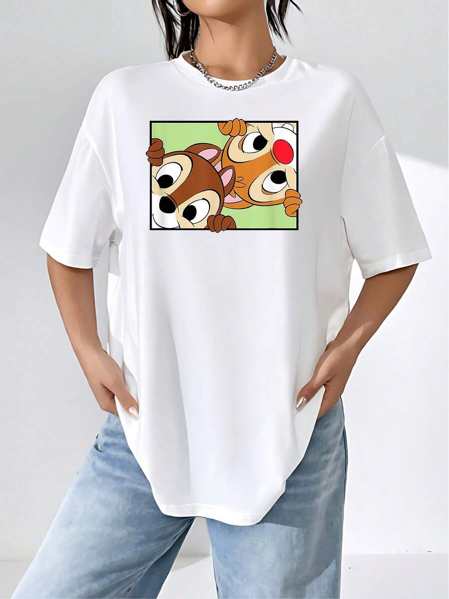 Two Adorable, Curious Squirrels Peek Out With Funny Expressions, Symbolizing Friendship, Joy, And A Playful Spirit. Comfortable, Casual, Short-Sleeved Women's T-Shirt, Ideal For Everyday Wear. - 白色 - 查看 1