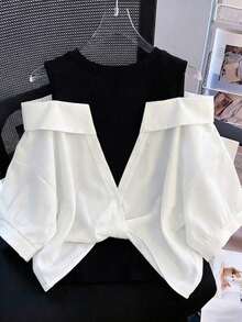 Conjunto de vacaciones para mujer con camisa a rayas de dos piezas falsa - Multicolor - Ver 2