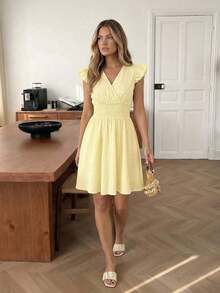 Vestido de verano de línea A con volantes, mangas de campana y cintura fruncida, 100% algodón crepé, casual, relajado, elegante, para uso diario, resort y verano para mujeres - Amarillo - Ver 7