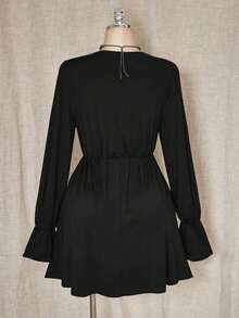 ICON Vestido mini de talla grande de unicolor casual con parches de encaje para mujer, ropa de otoño - Negro - Ver 2