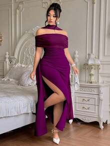 Vestido largo de fiesta elegante y ajustado con hombros descubiertos y abertura para mujer de talla grande, ideal para fiestas navideñas y ocasiones formales.Disponible en azul marino. - Morado Violeta - Ver 3