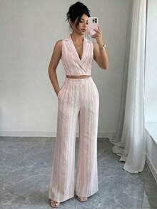 Nuevo conjunto de 2 piezas de primavera/verano con top sin mangas de lino texturizado a rayas azul y blanco, y pantalones casuales acampanados con bolsillos duales, elegante estilo casual - Rosa - Ver 5