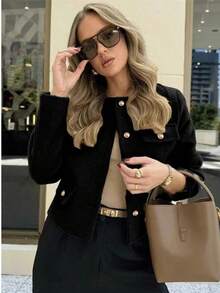 Chaqueta minimalista de mujer de unicolor con botones delanteros y mangas largas, elegante y casual, ligera para primavera y otoño, color negro - Negro - Ver 1