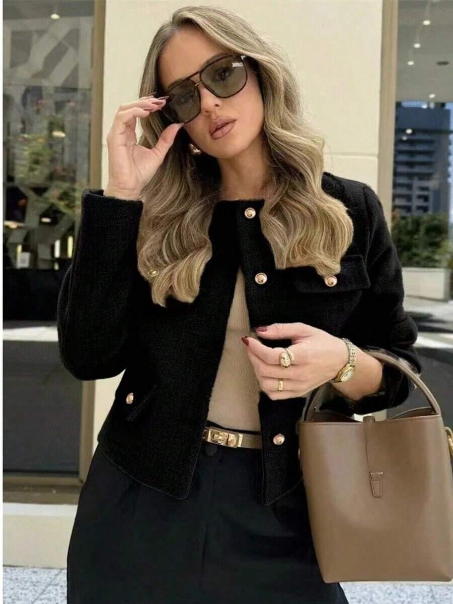 Chaqueta minimalista de mujer de unicolor con botones delanteros y mangas largas, elegante y casual, ligera para primavera y otoño, color negro - Negro - Ver 1