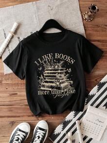 I Love Books More Than People. Women's Casual Short-Sleeved T-Shirt With A Bohemian Floral Design, Ideal For Book Lovers. Round Neck, Simple And Elegant, Suitable For Summer, Perfect For Casual Everyday Wear, A Gift For Book Lovers. Black. - 黑色 - 查看 8