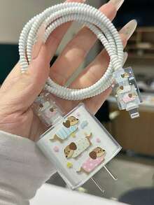 4个装TPU卡通可爱腊肠犬动物造型数据线整理器，防刮防震充电器保护套，情人节送友理想礼物，兼容 18/20W - 藍黃粉紅臘腸犬 - 查看 1