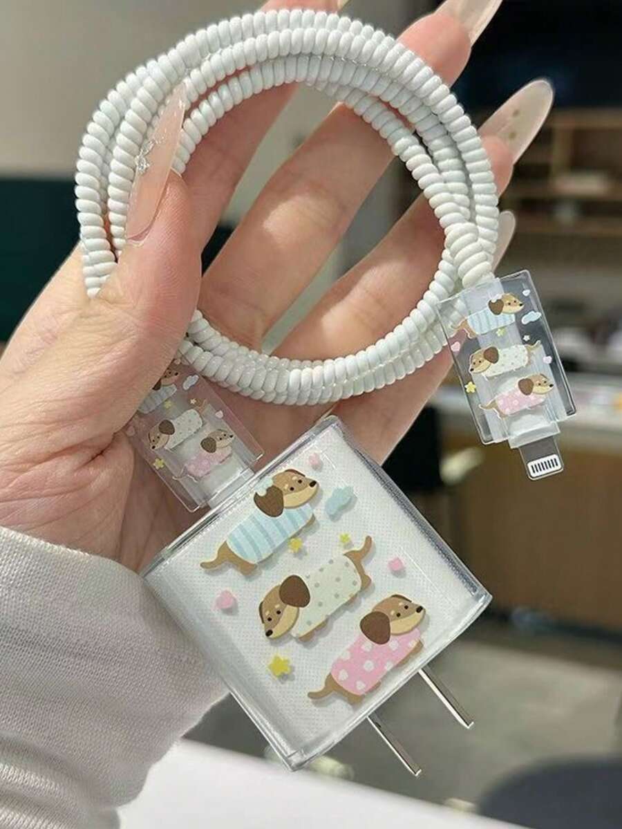 4个装TPU卡通可爱腊肠犬动物造型数据线整理器,防刮防震充电器保护套,情人节送友理想礼物,兼容 18/20W - 藍黃粉紅臘腸犬 - 查看 1