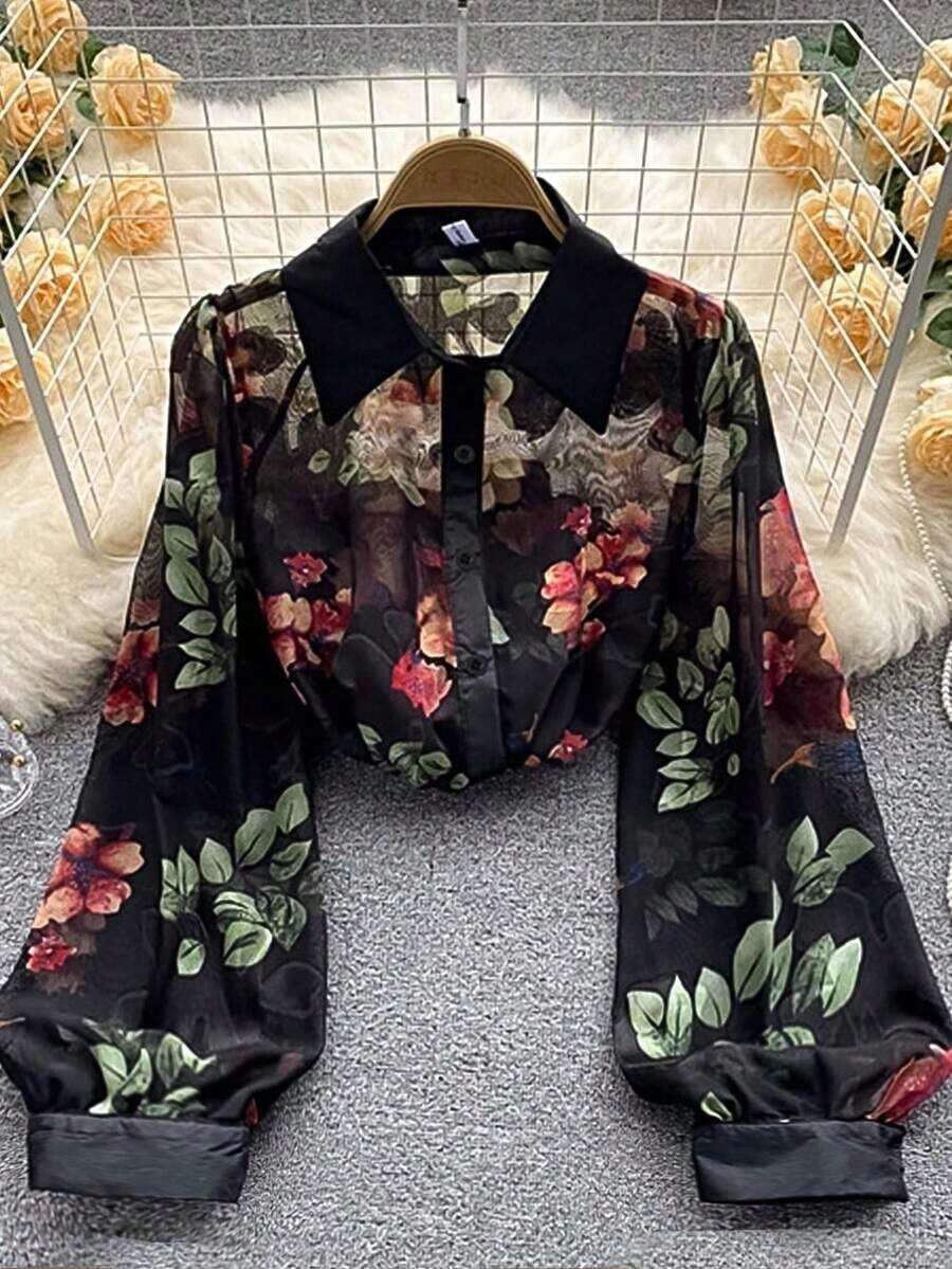 Blusa minimalista de unicolor transparente con cuello vuelto, blusas de manga larga - Negro 2 - Ver 1